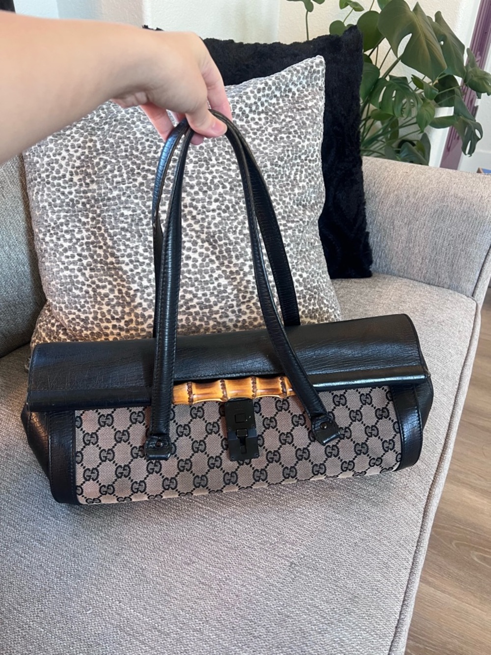 Gucci Vintage Bamboo Bullet Black GG Leather Canvas Bag